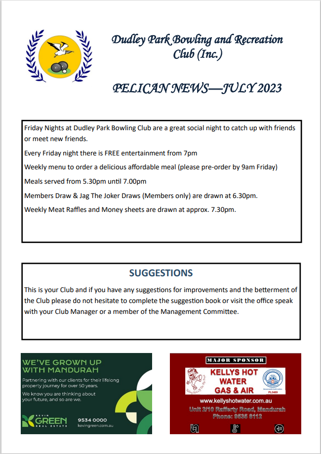 Dudley Park News & Information "Pelican News" Dudley Park Bowling and